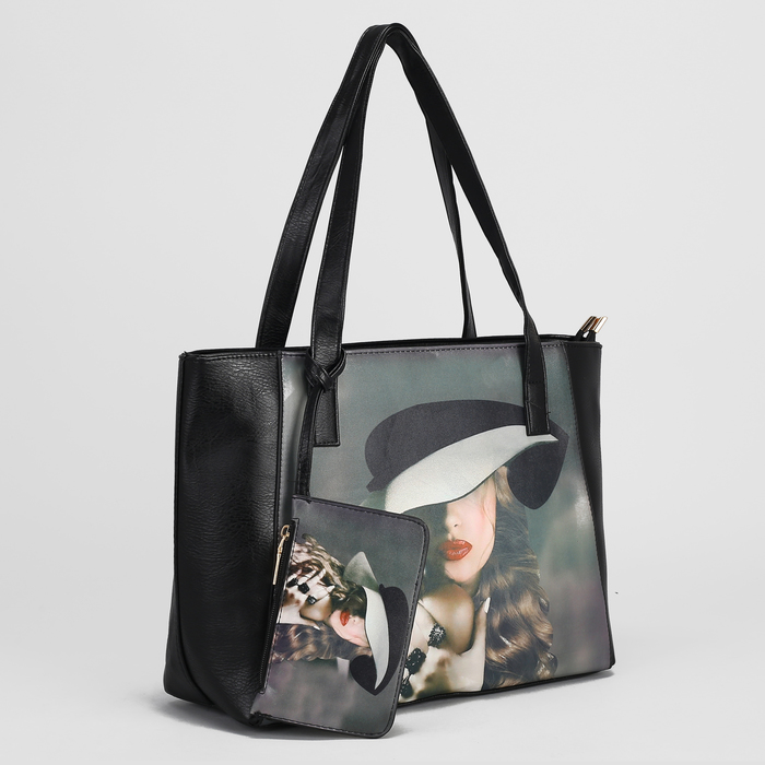 Сумка женская, 2 отдела на молниях, наружный карман, с кошельком, цвет чёрный