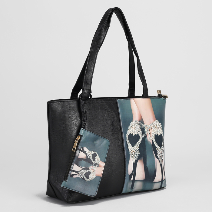 Сумка женская, 2 отдела на молниях, наружный карман, с кошельком, цвет чёрный