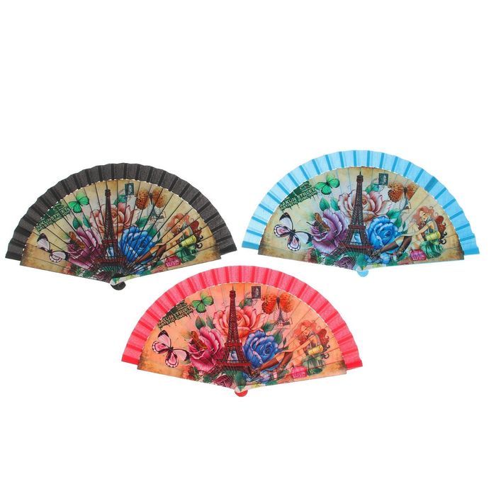 Веер пластик "Эйфелева башня в розах" МИКС 22,5 см