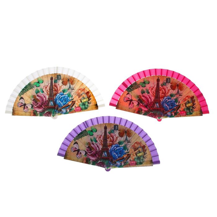 Веер пластик "Эйфелева башня в розах" МИКС 22,5 см