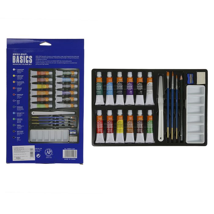 Краски гуашь 20цв метал туба 12мл+3кисти+палитра+точилка+ластик+мастихин+карандаш чгр