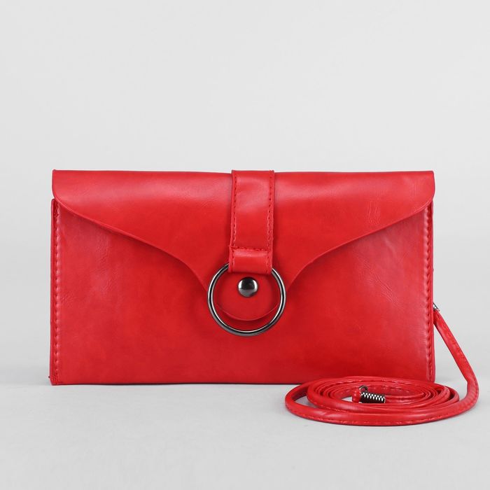 Клатч женский "Элегия", 2 отдела на клапане, длинный ремень, цвет красный