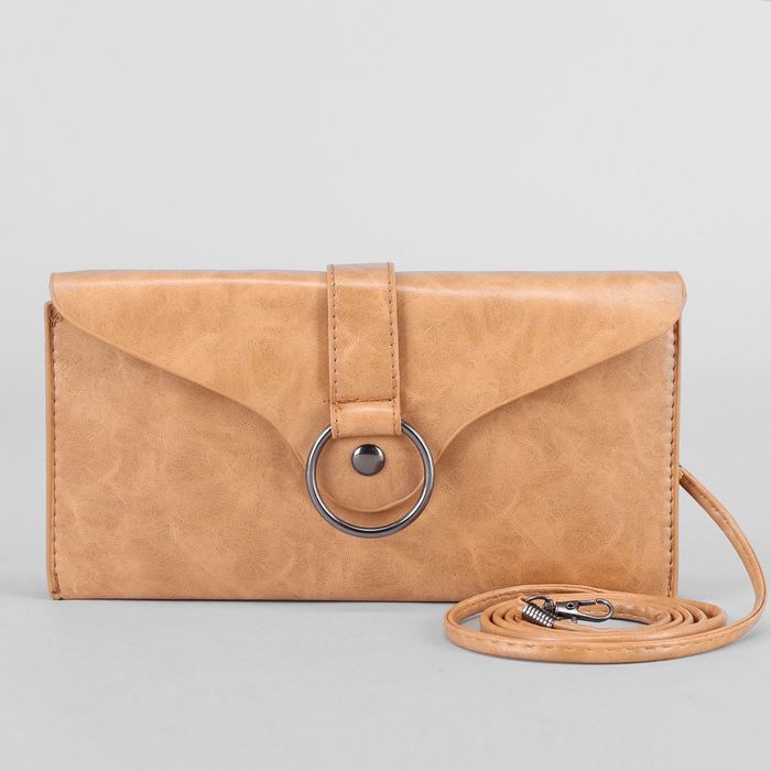 Клатч женский "Элегия", 2 отдела на клапане, длинный ремень, цвет бежевый