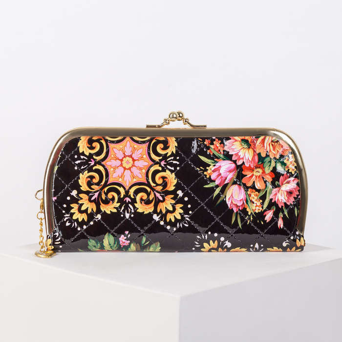 Кошелёк женский на фермуаре, 5 отделов, цвет чёрный/разноцветный