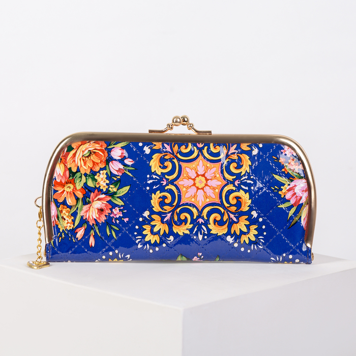 Кошелёк женский на фермуаре, 5 отделов, цвет синий/разноцветный