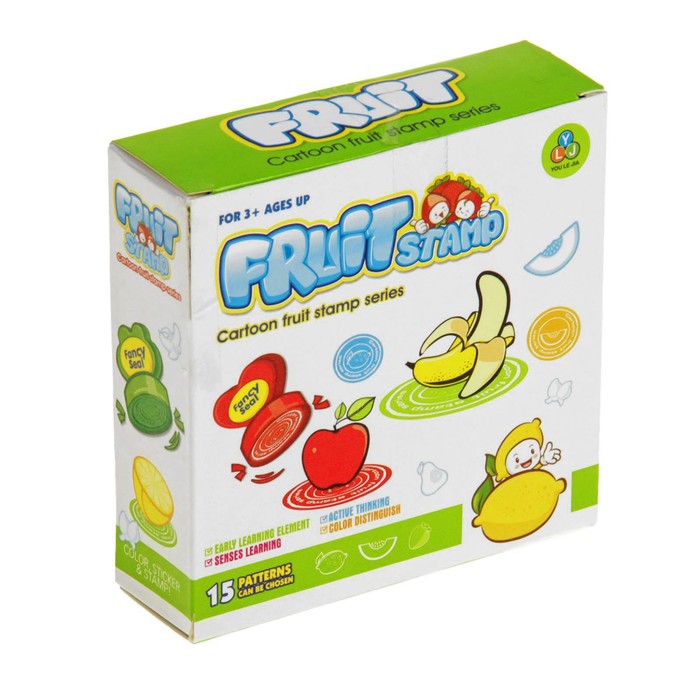 Набор печатей "Фрукты": печати 2 шт., оттиски 6 шт., раскраска, 5 фломастеров, штемпельная подушечка
