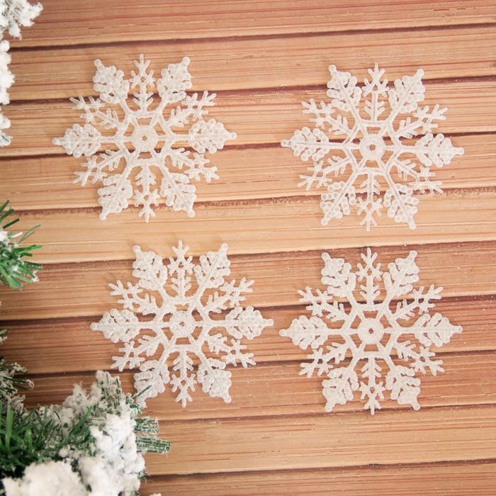 Набор украшений пластик d-10 см 12 шт снежинка белый перелив
