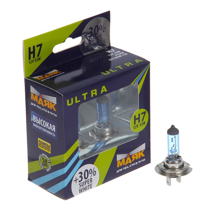 Автолампа "МАЯК УЛЬТРА", Super White+30% (2шт), H7, 12 В, 55 Вт (Px26d), 82720SW+30new