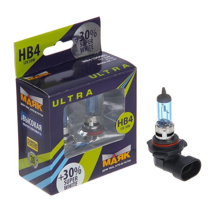 Автолампа "МАЯК УЛЬТРА", Super White +30%, HB4 (9006), 12 В, 65 Вт (P22d), 89006SW+30new