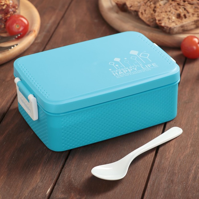 Ланч-бокс "Happy life" прямоугольный 0,8 л 18,5х11,5х6,5 см с ложкой, цвета МИКС