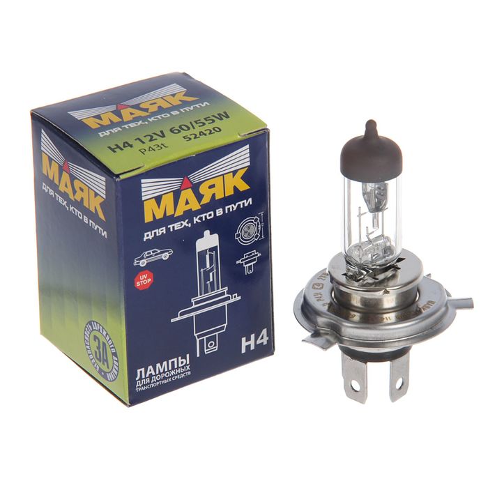 Автолампа "МАЯК", H4, 12 В, 60/55 Вт (P43t), 52420