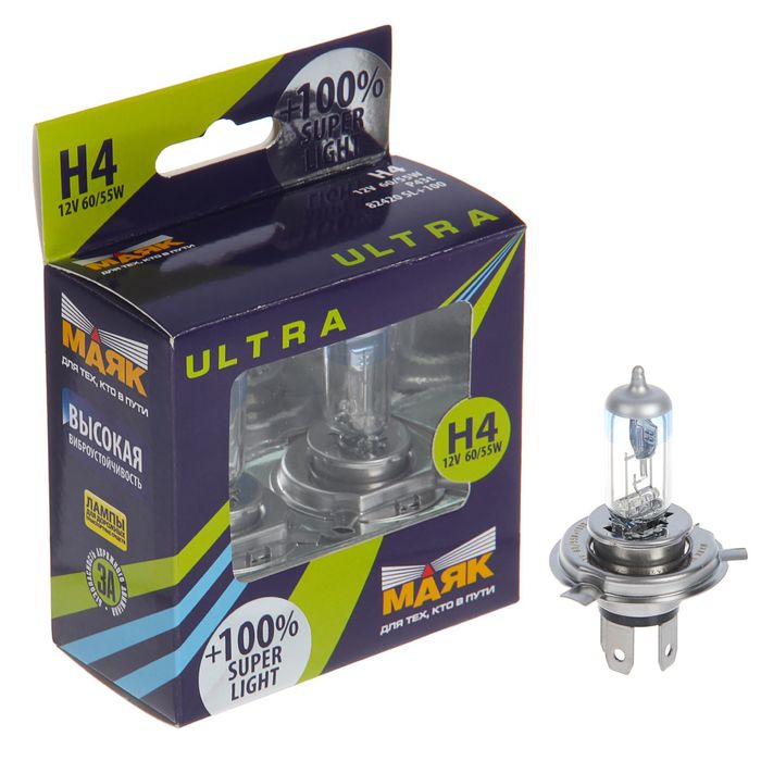 Автолампа "МАЯК", Ультра Super Light +100%(2шт.), H4, 12 В, 60/55 Вт(P43t), 82420SL+100