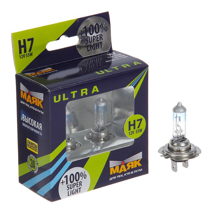 Автолампа "МАЯК", Ультра Super Light +100%(2шт.), H7, 12 В, 55 Вт (Px26d), 82720SL+100new