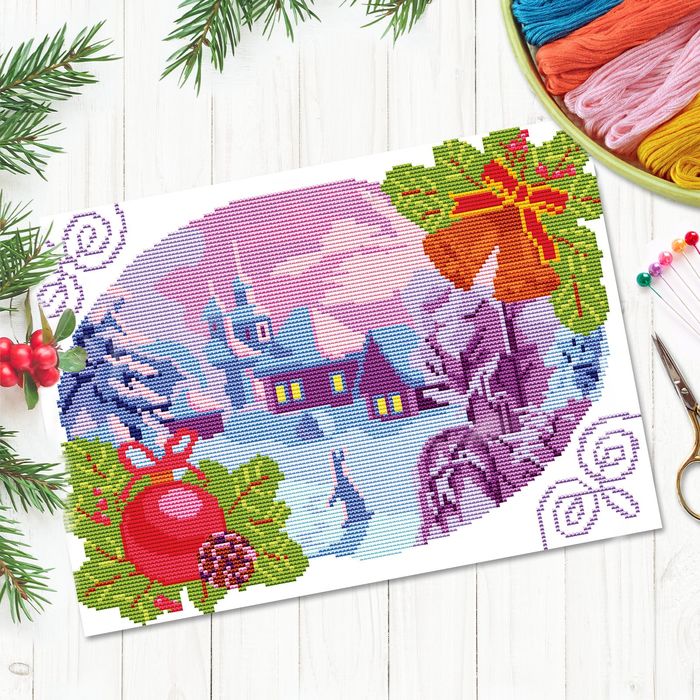 Новый год, вышивка крестиком "Зима в деревне", 25*35 см