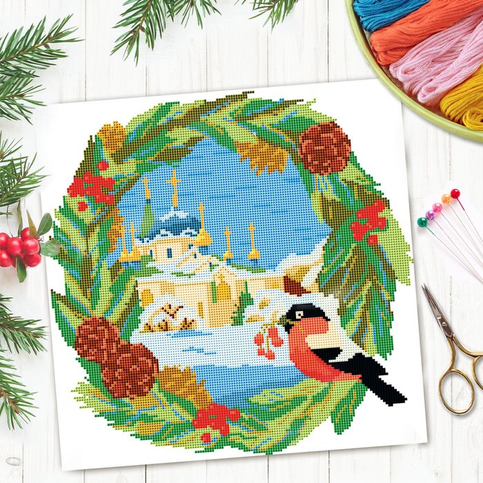 Новый год, вышивка крестиком "Хвойный венок", 35*35 см