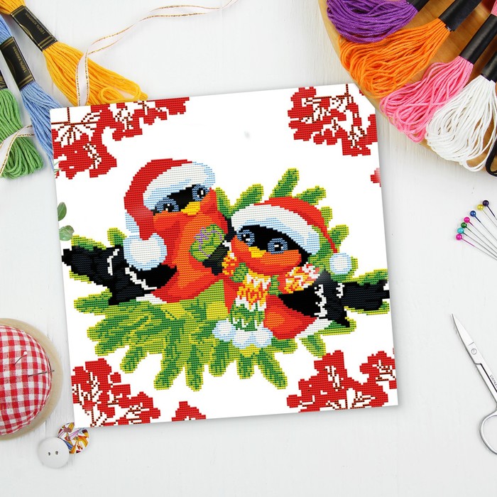 Новый год, вышивка крестиком "Снегири", 25 х 35 см