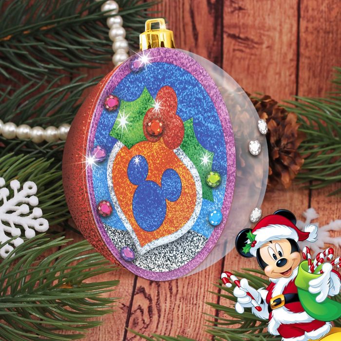 Шар новогодний с фреской С Новым годом!" Микки Маус + песок, блестки, стека, стразы