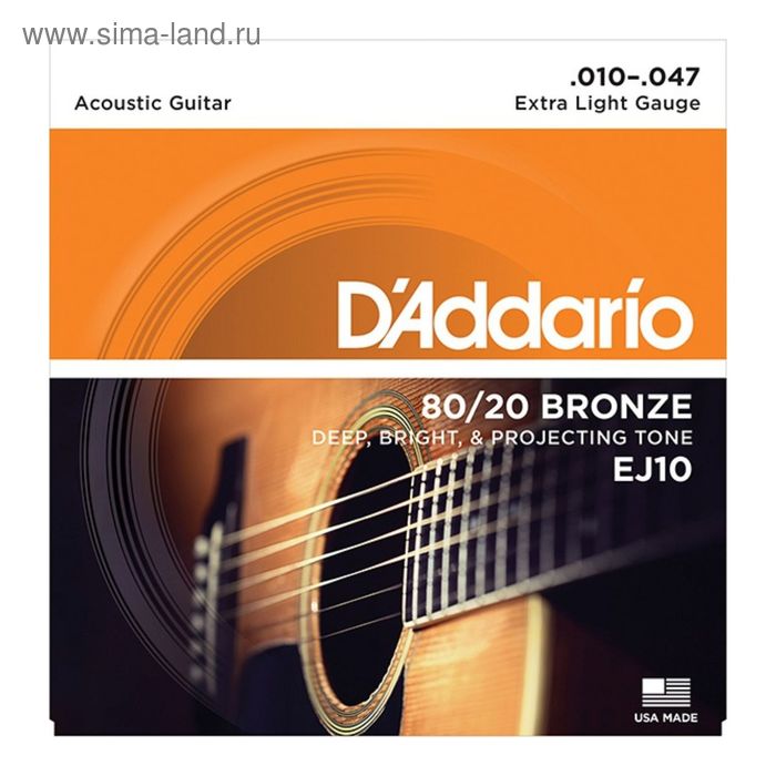 Струны для акустической гитары D`Addario EJ10 BRONZE 80/20 бронза Extra Light 10-47 струны для акустической гитары d addario ej38h