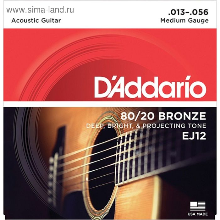 цена Струны для акустической гитары D`Addario EJ12 BRONZE 80/20 бронза Medium 13-56