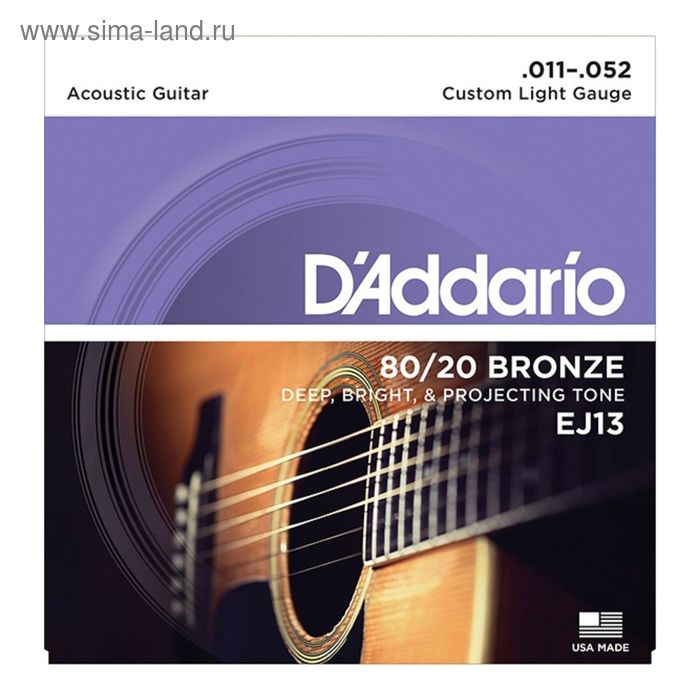 фото Струны для акустической гитары d`addario ej13 bronze 80/20 бронза custom light 11-52