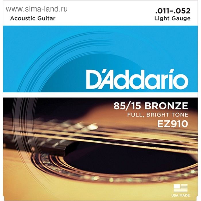 Струны для акустической гитары D`Addario EZ910 AMERICAN BRONZE 85/15 Light 11-52 rotosound jk11 strings phosphor bronze струны для акустической гитары покрытие фосфорированная бронза 11 52