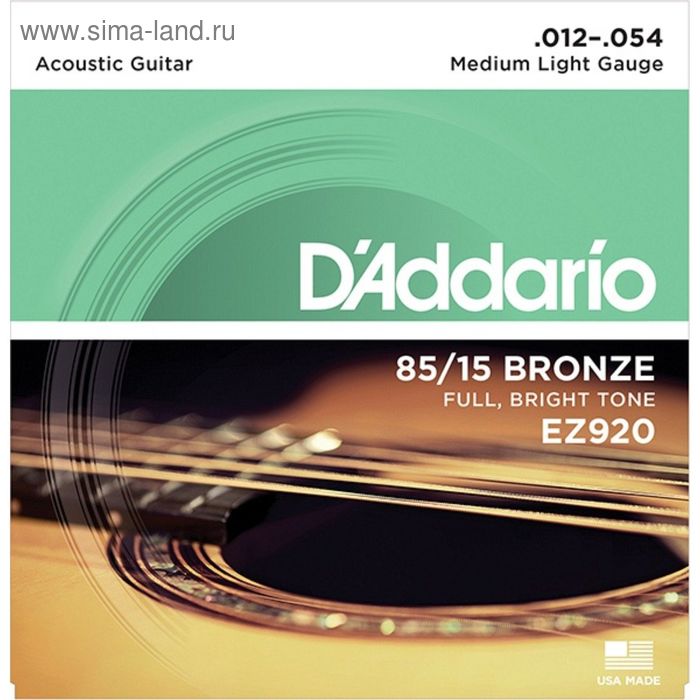 Струны для акустической гитары D`Addario EZ920 AMERICAN BRONZE 85/15 Medium Light 12-54 d addario exp coated bronze light 10 47 exp36