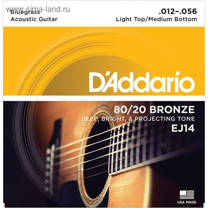 фото Струны для акустической гитары d`addario ej14 bronze 80/20 , 12-56, light top/medium