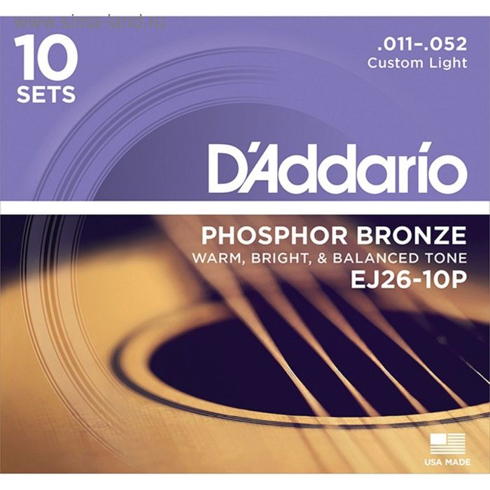 фото Струны для акустической гитары d`addario ej26-10p phosphor bronze , custom light