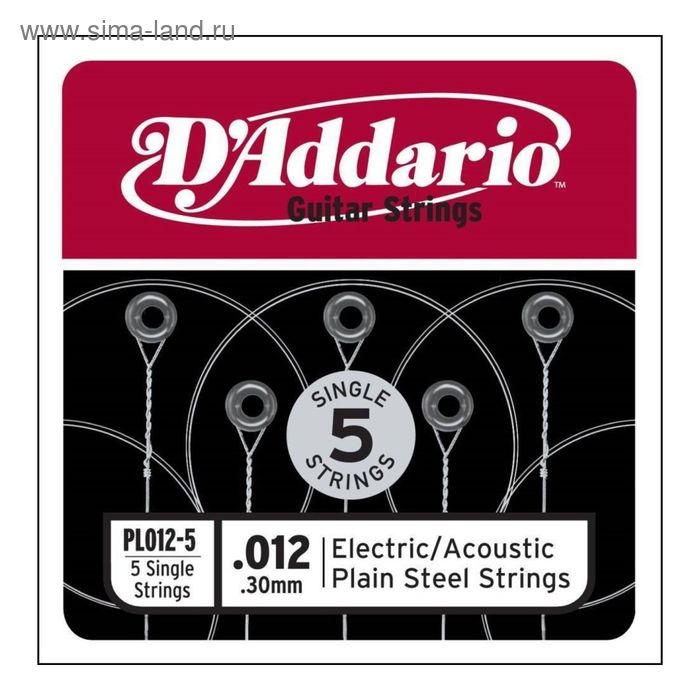 фото Отдельная стальная струна без обмотки d`addario pl012-5 plain steel 012, 5шт