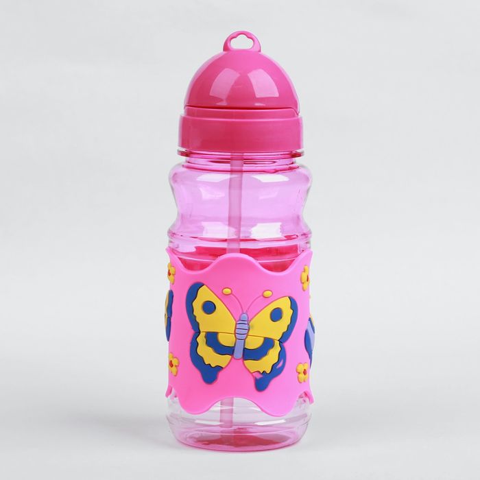 Поильник детский с трубочкой «Бабочки», 380 мл, от 9 мес., цвет розовый