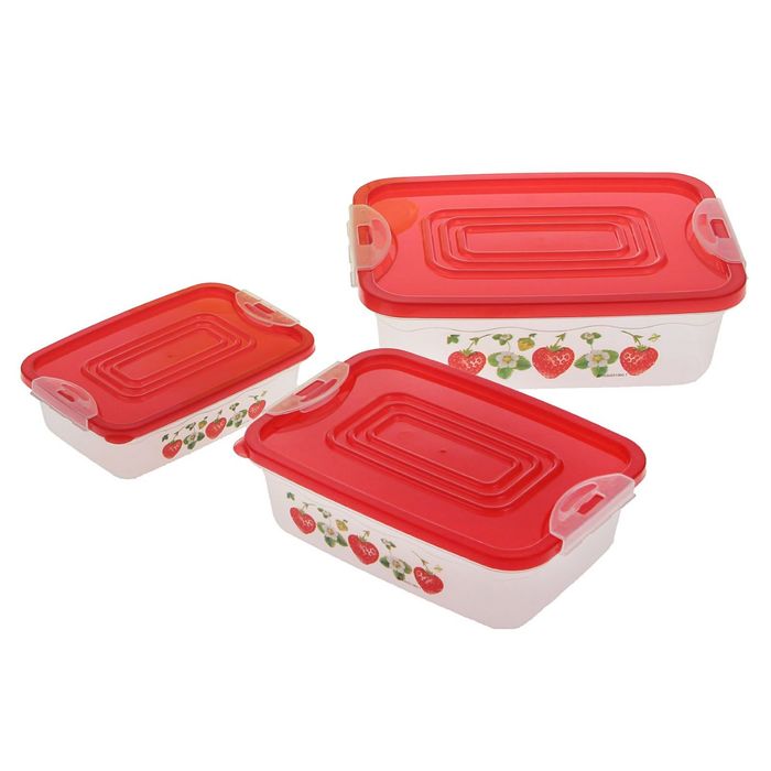 Набор ланч-боксов прямоугольных "Клубничка", 3 шт: 0,25 л, 0,55 л, 1,15 л, МИКС