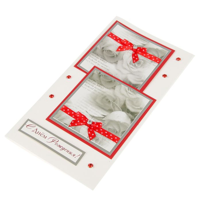 Открытка "С Днём Рождения!" розы, красная лента, ручная работа