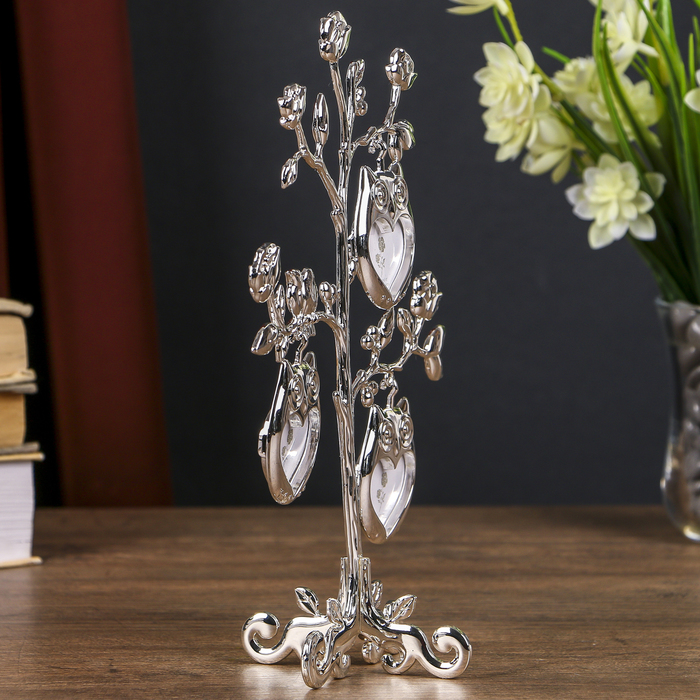 Фоторамка металл на 3 фото 3,8х3,3 см "Совята" серебро 22,3х8,5х16,5 см