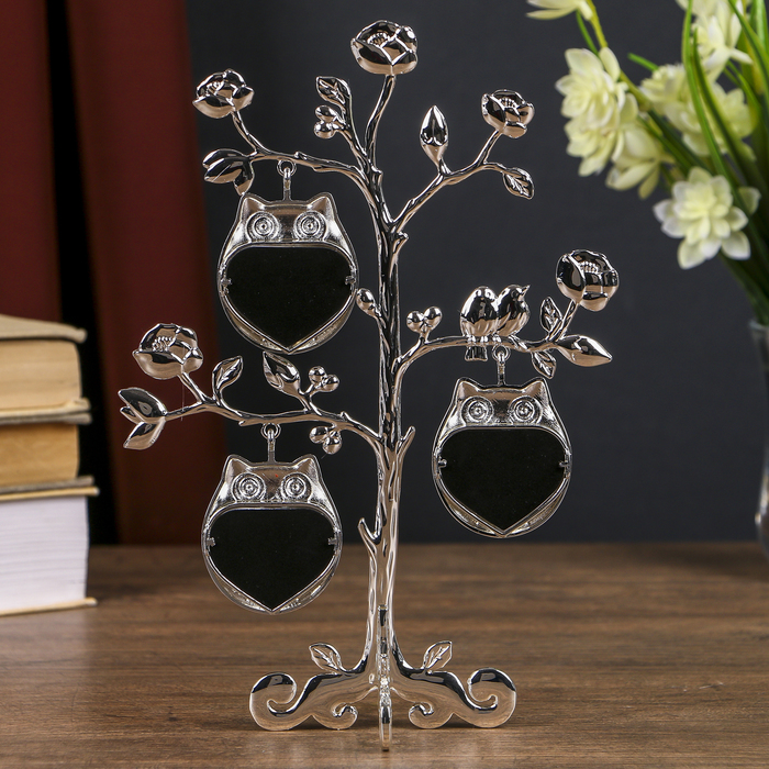 Фоторамка металл на 3 фото 3,8х3,3 см "Совята" серебро 22,3х8,5х16,5 см