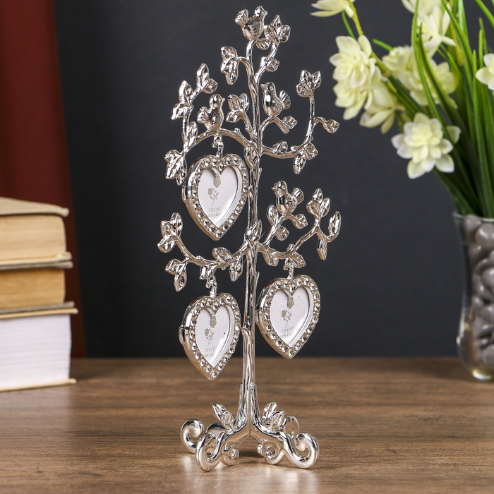 Фоторамка металл на 3 фото 3,8х3,8 см "Соловушки на деревце" серебро 22,4х8,5х16,5 см