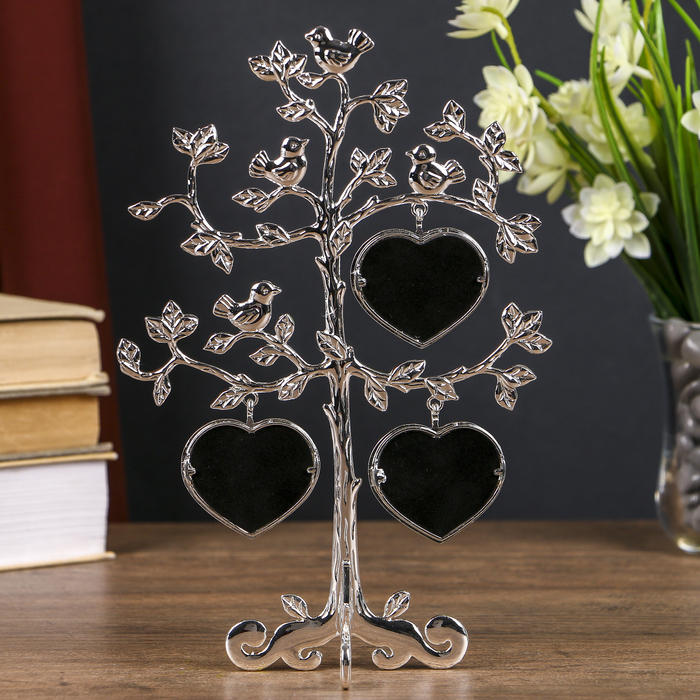 Фоторамка металл на 3 фото 3,8х3,8 см "Соловушки на деревце" серебро 22,4х8,5х16,5 см