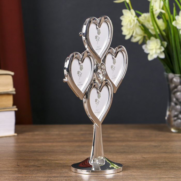 Фоторамка металл на 4 фото 5,9х5,2 см "Сердечность" серебро 20,5х7х15,5 см