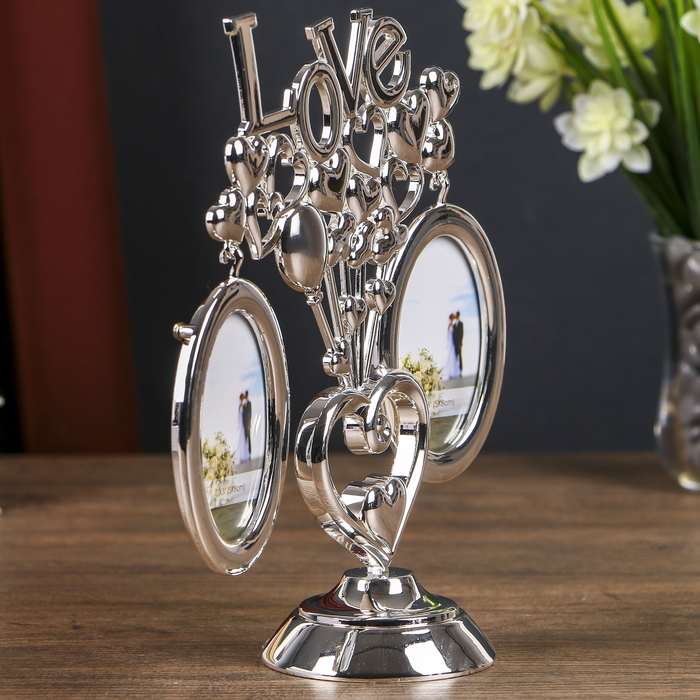 Фоторамка металл на 2 фото 5х6,4 см "Любовь и шарики-сердечки" серебро 20,7х7,3х17 см