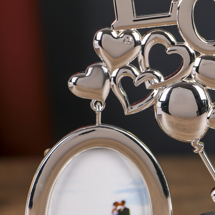 Фоторамка металл на 2 фото 5х6,4 см "Любовь и шарики-сердечки" серебро 20,7х7,3х17 см