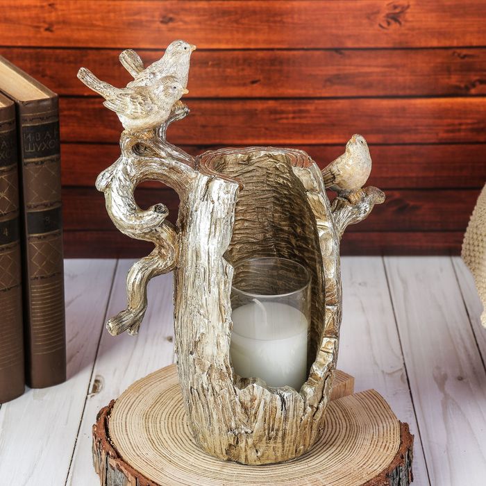 Подсвечник полистоун 1 свеча "3 воробья на старом дереве" 24,5х18х10 см