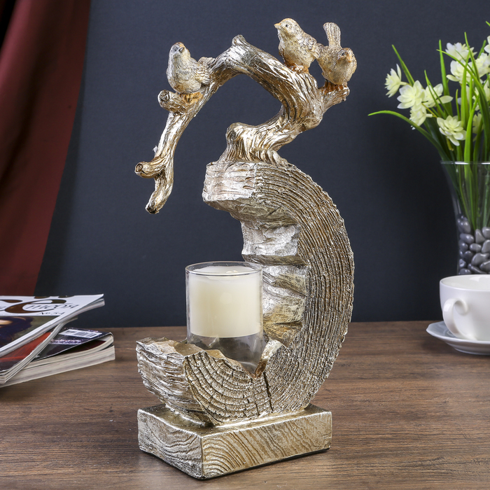 Подсвечник полистоун 1 свеча "3 воробья на спиле" 29,5х15,5х10 см