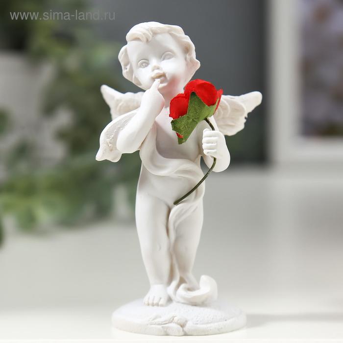 Сувенир полистоун Ангелочек с красной розой 8х4,5х3,5 см