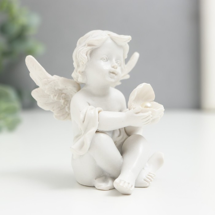 Сувенир полистоун "Ангелочек с жемчужиной в раковине" МИКС 7,5х5,8х7 см