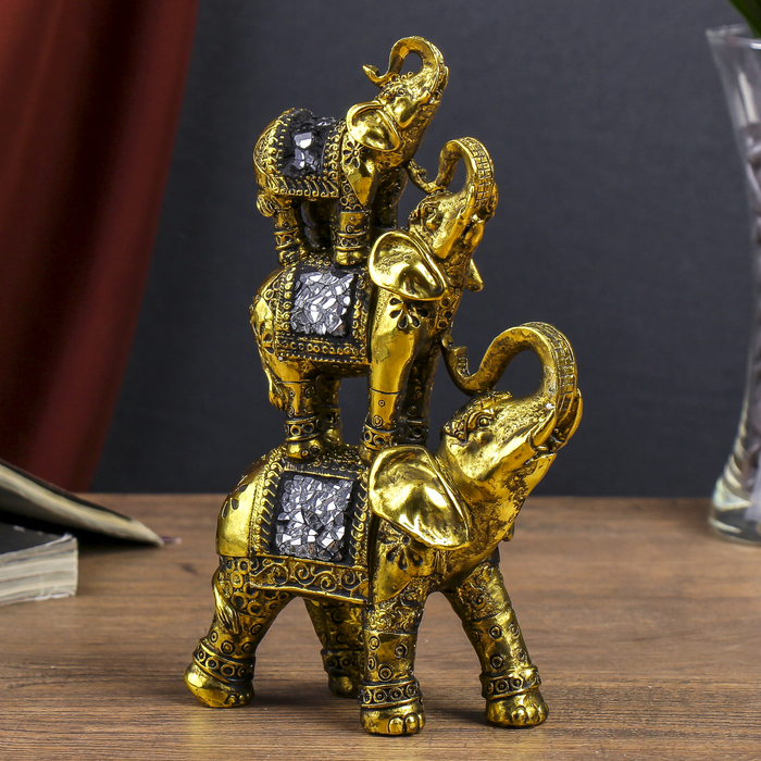 Сувенир полистоун зеркальные вставки "Пирамида из 3 слонов" 20,5х11,5х6 см