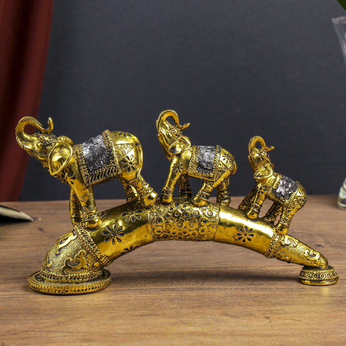 Сувенир полистоун зеркальные вставки "Три золотых слона на резном бивне" 13,5х23х5,5 см