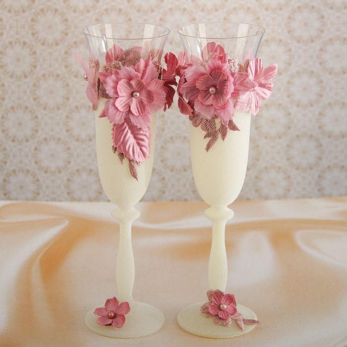Бокалы хрустальные "Бонжур, мадам" с бархатом и цветками 3D, розовые кружева
