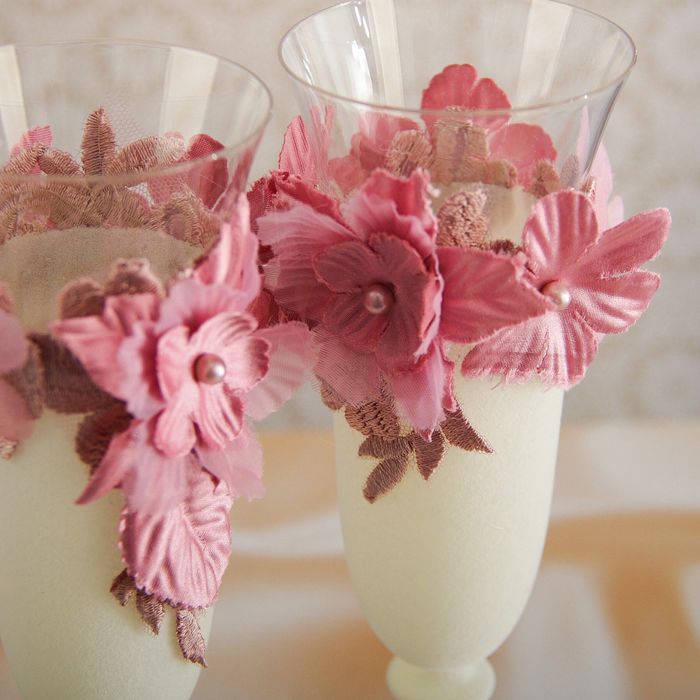 Бокалы хрустальные "Бонжур, мадам" с бархатом и цветками 3D, розовые кружева
