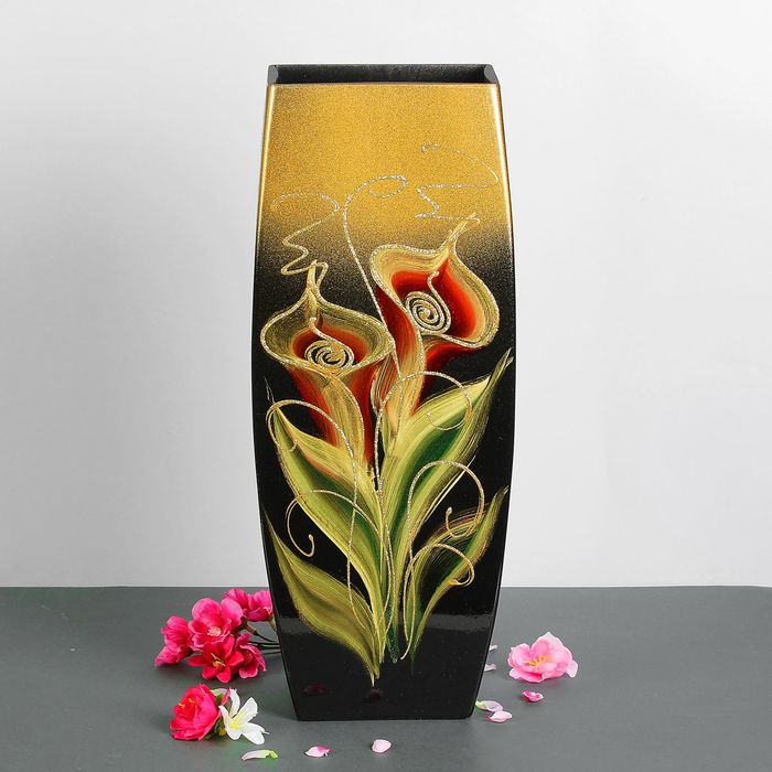 Ваза "Бочка", прямоугольная, каллы, чёрно-золотая
