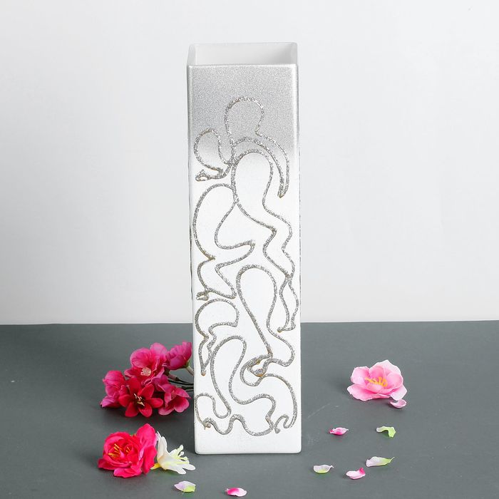 Ваза "Квадрат", линии, бело-серебристая