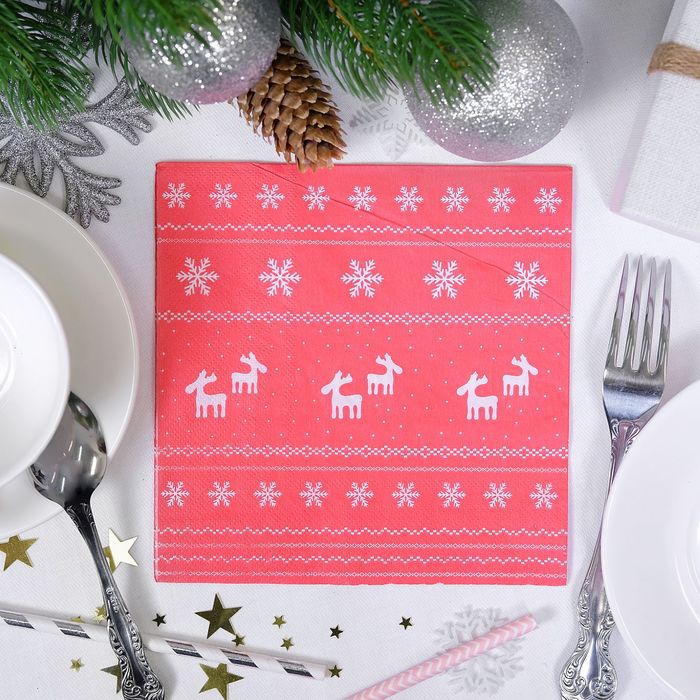 Салфетки бумажные "Снежинки" с оленями, (набор 20 шт), 33*33 см, цвет красный